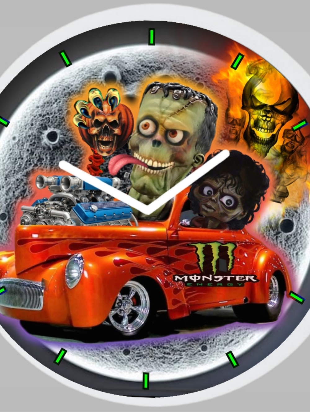Monster Energy Orange Flame Hot Rod Clock Ft Frankistien And Zombie Micheal J